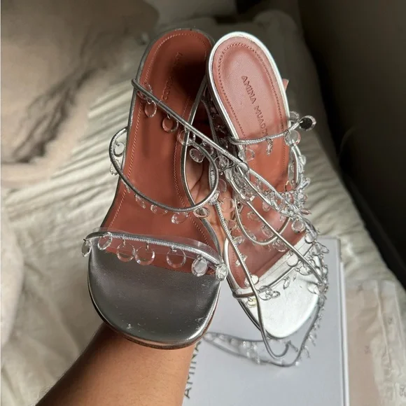 Amina Muaddi Silver Crystal-Embellished Heels - Picture 2 of 6